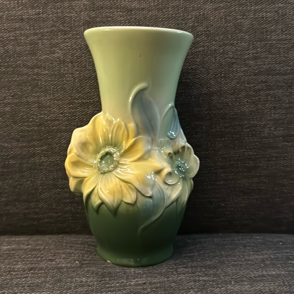 Two-Tone Green Ceramic Floral Relief Vase